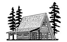 a log cabin in the woods with pine trees around it and a roof made of shingles