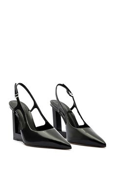 Leather upper, insole Rubber sole Metal heel Buckle styling Imported | Filipa Slingback Heels by Schutz in Black, Women's, Size: 9, Leather/Rubber/Metal at Anthropologie 4-inch Heel Patent Leather Slingback Heels, 4-inch Slingback Patent Leather Heels, Modern Leather Slingback Pumps With 4-inch Heel, Modern Evening Slingback Sandals With Reinforced Heel, Patent Leather Sandals With Reinforced Heel, Patent Leather Slingback Pumps With Branded Heel, Leather Slingback Pumps With Pointed Toe And Reinforced Heel, Modern High Heel Slingback Sandals With Reinforced Heel, Leather Slingback Pumps With Reinforced Heel And Pointed Toe