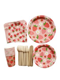 strawberries and strawberrys paper plates, napkins, cups and utensils