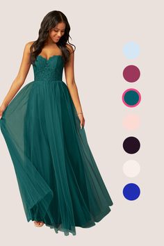 a woman in a long green dress standing next to color swatches and the image shows different colors