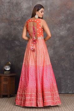 Look your best at weddings and festive occasions in this beautiful peach and pink floorlength chanderi Banarasi Anarkali suit. It comes with a matching dupatta. Festive Fitted Peach Anarkali Set, Peach Anarkali Chanderi Sets, Peach Floor-length Anarkali Set For Festive Occasions, Peach Anarkali In Georgette, Peach Floor-length Anarkali Set, Banarasi Anarkali, Indowestern Outfits, Suits Sharara, Sharara Suits