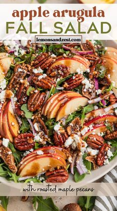 an apple salad with pecans and feta cheese on top in a white bowl