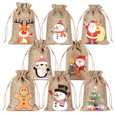 six bags with christmas decorations on them