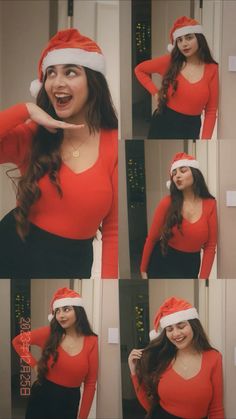 a woman wearing a santa hat making funny faces