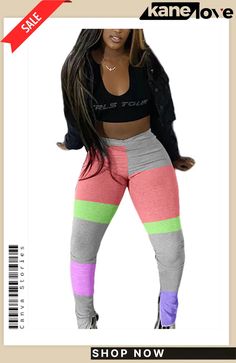 Green Polyester Elastic Fly High Split Skinny Pants Bottoms Trendy Pink Patchwork Pants, Fitted Casual Color Block Pants, Trendy Black Color Block Pants, Fitted Color Block Pants For Summer, Fitted Summer Color Block Pants, Summer Color Block Fitted Pants, Trendy Stretch Patchwork Bottoms, Black Color Block Pants For Spring, Trendy Multicolor Color Block Pants