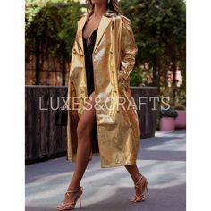 Women's Gold Metallic Foil Solid Casual Double Breasted Leather Trench Coat / Long Coat with Petite Black Belt, Women's Gold Leather Coat - from Luxe & Crafts. Material Type : 100% Genuine Patent Lambskin Leather. Collar : Shirt Style Collar. Length :  Knee Length. Closure Type :  Button Closure along with Outer Waist Belt Closure. Number of Pockets : 2 Side Pockets. Color : GOLD Lining Material : 100% Premium Lining / Viscose Lining. Care Instructions : Professional Leather Clean Only. Package Contains : 1 Leather Trench Coat/ Long Coat. Note:  Please Note : Color may differ slightly to the actual product due to variations, saturation, contrast and visibility levels according to your screen/display settings in the monitor. If you can't find the size you want :- We also Customize the Produ Trendy Gold Outerwear For Party, Trendy Gold Party Outerwear, Gold Single-breasted Winter Outerwear, Luxury Gold Double-breasted Outerwear, Luxury Gold Party Outerwear, Chic Gold Double-breasted Outerwear, Gold Chic Single Breasted Outerwear, Chic Gold Single-breasted Outerwear, Chic Gold Outerwear For Party