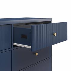 a blue filing cabinet with two drawers on the bottom and one drawer open to reveal an item