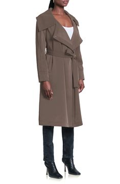 A showy collar and a graceful drape animate a softly styled trench coat you'll truly appreciate during the between season. 44 1/2" length (size Medium) Open front Notched lapels Front welt pockets Removable sash Partially lined 94% polyester, 6% spandex Dry clean Imported Elegant Collared Outerwear With Belted Cuffs, Elegant Taupe Outerwear For Fall, Elegant Fitted Taupe Outerwear, Elegant Collared Spring Outerwear, Spring Shawl Collar Belted Outerwear, Elegant Spring Outerwear With Shawl Collar, Elegant Long Spring Outerwear, Fabric Gift Bags, Nordstrom Store