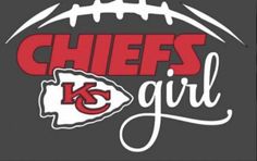 the kansas chiefs logo is shown on a gray background with white letters that read chiefs girl