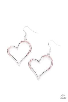 A curvaceous silver heart is encrusted in sections of glittery pink rhinestones, invoking a flirtatious flair. Earring attaches to a standard fishhook fitting.

 Sold as one pair of earrings. Pink Heart Earrings, Pink Peacock, Silver Heart Earrings, Heart Frame, Silver Frames, Paparazzi Accessories, White Rhinestone, Paparazzi Jewelry, Affordable Jewelry