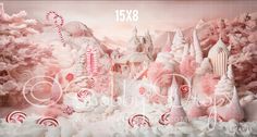 a pink christmas scene with candy canes and castle in the background is featured on this wallpaper