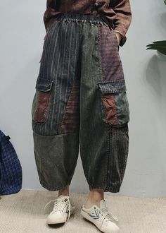 Original Design Black Elastic Waist Pockets Patchwork Cotton Harem Pants Spring Men’s Whimsigoth, Baggy Black Patchwork Pants, Casual Wide Leg Cargo Pants With Patchwork, Casual Wide-leg Patchwork Cargo Pants, Black Baggy Patchwork Bottoms, Baggy Black Bottoms With Patchwork, Baggy Wide Leg Cargo Pants With Patchwork, Casual Wide Leg Patchwork Cargo Pants, Multicolor Baggy High Waist Pants