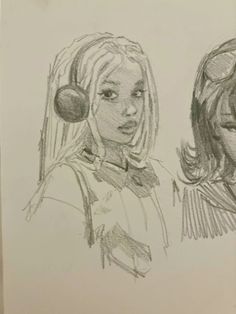 pencil drawing of two girls with ear phones on their headsets, one is wearing a bow tie and the other has long hair