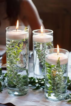 three clear vases filled with plants and lit candles