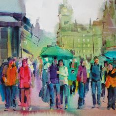 watercolor painting of people walking in the rain with umbrellas on a city street