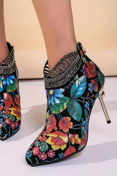 Women's Floral Print High Heels, Rhinestone Decor Pointed Toe Back Zipper Stiletto Boots, Fashion Elegant Dress Ankle Boots Summer Party Boots With Rhinestones, Cocktail High Heel Boots With Rhinestones, High Heel Rhinestone Boots For Cocktail, Multicolor High Heel Boots For Night Out, Dress Ankle Boots, Heels Rhinestone, Boots Outfit Ankle, Ankle Boots Dress, Stiletto Boots