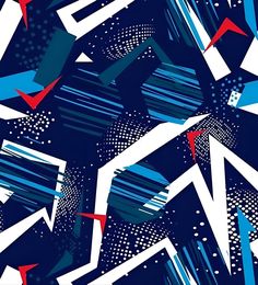 an abstract blue and white pattern with red, white, and blue shapes on it