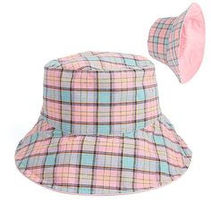 A Panama style cap that allows you to stay cool and fresh all through summer, this bucket hat for women showcases a reversible design that is truly convenient. Finished in a cheerful plaid pattern, its subtle yet charming colors give your look a feminine touch. Made from top quality cotton for added comfort, this casual accessory is ideal when stepping out with friends or when heading on a fishing trip!Specifications plaid bucket hat: Summer Top Type: Flat Style: Casual Pattern Type: Plaid Origi Trendy 5-panel Bucket Hat For Spring, Summer Plaid Bucket Hat, Cheap 5-panel Bucket Hat For The Beach, Playful Bucket Hat With Short Brim, One Size, Panama Style, Multicolor Cotton Bucket Hat, One Size, Plaid Bucket Hat, Bucket Hat Black, Hat Summer