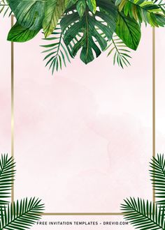 tropical leaves and greenery on a pink background with a gold frame in the middle