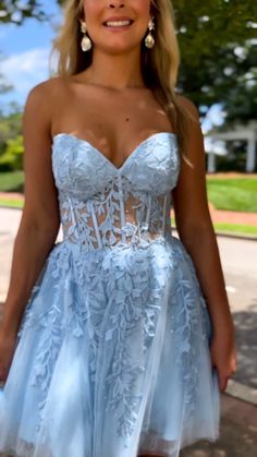 strapless light blue lace appliques short A-line corset homecoming dress party dress #homecoming2023 #homecomingdresses Fitted Bodice Lace Dress With Sweetheart Neckline For Gala, Fitted Lace Dress With Sweetheart Neckline For Gala, A-line Homecoming Dress With Lace Bodice, Lace A-line Gown With Fitted Bodice, Evening Dress With Sweetheart Neckline And Lace Closure, Spring Homecoming Gown With Sweetheart Neckline, Sweetheart Neckline Lace Dresses With Lace Closure, Lace Dresses With Sweetheart Neckline, Spring Sweetheart Neckline Gown For Homecoming