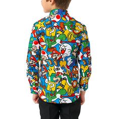 Cut for a slim-fit, this shirt boys shirt from Opposuits features a colorful Mario Bros. print your toddler will love. It's made from a soft stretch-cotton poplin with a spread collar, long sleeves, button cuffs, and a curved hem to easily layer over jeans or dress pants.Features: Stretch FabricCharacter: Super MarioClosure Type: ButtonFit: Slim FitNeckline: Collar NeckSleeve Length: Long SleeveFiber Content: 97% Cotton, 3% SpandexFabric Description: PoplinCollar: Spread CollarCare: Machine Wash Long Sleeve Shirt With Cartoon Print For Spring, Multicolor Long Sleeve Shirt With Cartoon Print, Fun Long Sleeve Shirt For Summer, Fun Long Sleeve Summer Shirt, Long Sleeve Cotton Shirt With Character Print, Blue Cartoon Print Shirt For Spring, Multicolor Cotton Shirt With Cartoon Print, Long Sleeve Multicolor Print Shirt, Multicolor Cartoon Print Cotton Shirt