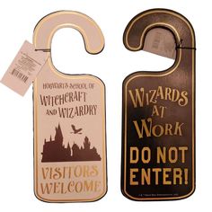 two harry potter door hangers one has a wizard's work and the other has a do not enter sign