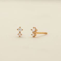 Luxe Double Stone Stud Earrings Gold Prong Setting Ear Climbers For Gift, 2nd Ear Piercing, Gold Bar Necklace Personalized, Stone Stud Earrings, Petite Earrings, Pearl Shop, Gold Bar Necklace, Whole New World, Cz Stud Earrings