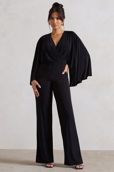 Nori | Black Plunge-Neck Straight-Leg Cape Jumpsuit Cape Jumpsuit, Club L London, Black Dress Prom, Black Tie Gala, Maternity Jumpsuit, Black Velvet Dress, Skirt Co Ord, Plunge Neckline, Invisible Zip