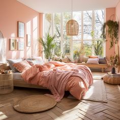 a bedroom with pink walls and flooring, large windows, rugs on the floor