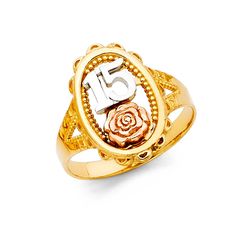 Metal: 14k Gold Material Color Yellow Rose White Ring Size 7 Width: 11 mm Stone Cubic Zircon All measurements are approximate and may vary slightly from the listed dimensions. Rose Gold Quinceanera, Quinceanera Jewelry, 15 Birthday, Birthday Roses, Engraved Flower, Birthday Flower, Flower Band, Gold Rings Jewelry, Sweet 15