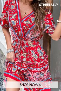 Summer New Temperament Women's Floral Print Waistband Casual Dresses Red V-neck Cotton Mini Dress, Red Floral Print Dress, Bohemian Style Clothing, Drawstring Neckline, Boho Mini Dress, Beachwear Fashion, Red Floral Dress, Chic Casual, Beach Wear Dresses