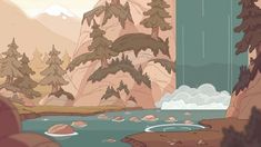 an animated landscape with trees, rocks and water