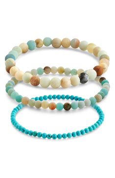 Bring a pop of color to your wrist stack with this trio of stretch bracelets that are strung with eye-catching beads. Pack of three bracelets Turquoise/amazonite Imported Wrist Stack, Wrist Stacks, Kids Uggs, Clutch Pouch, Fall Accessories, How To Make Shoes, Cold Weather Accessories, Pop Of Color, Beaded Stretch Bracelet