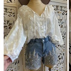 Brand New, Very See Through, One Size Spring Embellished Button-up Blouse, Spring Casual Embellished Blouse, Casual Embellished Spring Blouse, Feminine Embellished Spring Blouse, White Flower, Embroidered Flowers, White Tops, White Flowers, Color White