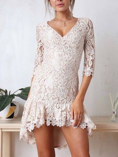 Women's Lace V-neck Mini Dress Feminine Fitted V-neck Dress, Elegant V-neck Lace Dress For Brunch, Beige Lace Dress With V-neck, Chic V-neck Lace Dress For Spring, Fitted V-neck Lace Dress, Summer V-neck Bodycon Dress For Brunch, Beige V-neck Midi Dress For Party, Lace V-neck Mini Dress For Brunch, Feminine Lace Midi Dress With V-neck