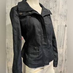 Ann Taylor Moto Style Jacket In A Dark Denim. Beautiful Details. Zipper Pockets. Finished Inside Seams. Never Worn Excellent Condition Size 8p Pit To Pit 19” Shoulder To Hem 21” Sleeve 22.5 94% Cotton. 4% Poly 2% Spandex Fitted Long Sleeve Denim Biker Jacket, Fitted Denim Biker Jacket With Long Sleeves, Fitted Casual Cotton Biker Jacket, Casual Fitted Denim Biker Jacket, Casual Denim Biker Jacket Fitted, Spring Denim Blue Outerwear With Zip Fly, Casual Fitted Biker Jacket With Pockets, Denim Outerwear With Zip Fly For Fall, Spring Fitted Biker Jacket With Pockets