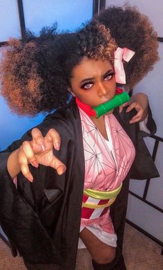 Anime Characters With Black Hair, Characters With Black Hair, Female Anime Characters, Black Cosplayers, Nezuko Cosplay, Black Cosplay, Anime Black, Afro Puff, Anime Cosplay Costumes