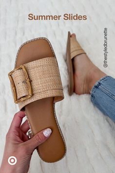 Slide into summer hangouts with sandals that are easy-breezy & totally comfy. The woven band & statement buckle are showstoppers—they’ll become your go-to open-toe flats. Summer Slides, Italy Outfits, Womens Summer Shoes, Swag Shoes, Easy Breezy, Sandals Summer, Summer Shoes, Cute Shoes