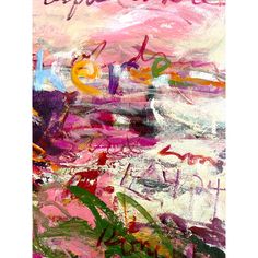 an abstract painting with pink, yellow and green colors that says happy new year on it