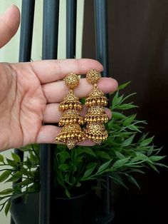 "Length : 3.0\" Width: 0.5\" Gorgeous Gold, pearls Jhumkas. Highest quality and craftsmanship, Ready to ship from Edison NJ USA Please contact us any questions" Fusion Style Dangle Jhumkas With Latkans, Fusion Style Dangle Jhumkas For Festivals, Heavy Fusion Dangle Jhumkas, Chandbali Earrings With Bells For Festivals, Festival Dangle Jhumkas For Pierced Ears, Festival Dangle Jhumkas, Jhumka Earrings Gold, South Indian Earrings, Pearl Jhumkas