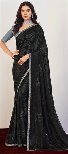 Black and Grey color Saree in Brasso fabric with Lace, Resham, Stone, Thread work Elegant Black Dupatta For Celebration, Black Blouse Piece With Diwali Motifs, Black Blouse Piece With Traditional Drape And Motifs, Diwali Black Blouse Piece With Motifs, Festive Black Blouse Piece With Resham Embroidery, Black Embroidered Saree For Party, Festive Black Blouse Piece With Motifs, Elegant Black Saree With Motifs, Festive Black Blouse With Motifs