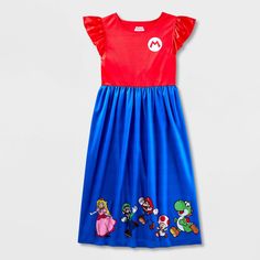 Your kid will look super cute when headed to bed in this Super Mario Fantasy Nightgown. This short-sleeve nightgown features a red upper and pleated blue skirt along with an illustration of the Mario, Princess Peach, Luigi, Yoshi and Toadette characters on the hem for a cute look. Tailored in a regular fit, this nightgown is made with a lightweight fabric to help keep them comfortable all night long. Fantasy Nightgown, Mario Princess Peach, One Piece Clothing, One Piece Pajamas, Blue Skirt, Super Mario, Girls Shopping, Leotards, Lightweight Fabric