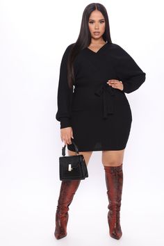 Available In Mustard, Wine And Black Sweater Mini Dress Long Sleeve Surplice Tie Waist Stretch 83% Viscose 17% Polyester Imported | Just Between Us Sweater Dress in Black size Small by Fashion Nova Casual V-neck Sweater Dress For Night Out, Sweater Dress Outfit With Sneakers, Wine Dresses, Sweater Mini Dress, Mini Dress Long Sleeve, Wine Dress, Sweater Dress Outfit, Mauve Dress, Fashion Nova Models