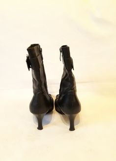 "Vtg black leather women`s autumn ankle italian boots. Size EU 37 booties. Footwear with stiletto heels. Europe boots with square toe, chic rhinestones frontal buckles. Sides buckles, sides zippers. 90s style brand: Mario Marini condition: used, has signs of wear - look at the photos please. Scratches on the toes and missing some rhinestones from the buckles. The right boot has broken lining inside - photo No.8. measurements: size EU 37 - labeled size: US 6.5 outsole length 28 cm / 10.9\" in hee Fitted High Ankle Moto Boots With Reinforced Heel, High Ankle Moto Boots With Reinforced Heel, Fitted Moto Boots With Reinforced Heel And High Ankle, Fitted High Heel Moto Boots For Winter, Vintage Black Boots With Square Toe, Vintage High Heel Evening Boots, Vintage High Heel Boots For Evening, Fitted Moto Ankle Boots For Party, Vintage Evening High Heel Boots