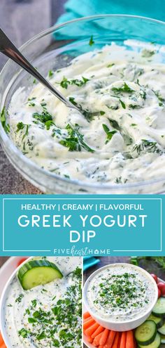 greek yogurt dip in a glass bowl with cucumbers and carrots