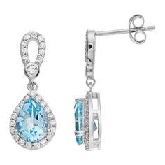 Add a colorful accent to your look with these blue topaz and white zircon teardrop earrings. Add a colorful accent to your look with these blue topaz and white zircon teardrop earrings. Metal: sterling silver Backings: post Packaging: boxed Plating: rhodium Finish: polished Length: 20 mmSTONE DETAILS Stone type: blue topaz, white zircon Total weight: 2 3/4 ct. Center stone weight: 2 ct. Center stone size: 8 mm x 6 mm Shape: pear, round Setting: prong Diamond weights are approximate. Diamond Tota Blue Teardrop Diamond Earrings, Blue Teardrop Diamond Earrings For Anniversary, Blue Teardrop Earrings With Diamond Accents, Teardrop Blue Topaz Jewelry With Diamond Accents, Luxury Teardrop Blue Topaz Jewelry With Diamond Accents, Blue Teardrop Diamond Earrings As Gift, Blue Teardrop Diamond Earrings For Gift, Blue Topaz Teardrop Earrings, Earrings Metal