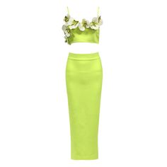 Introducing THEODORA Two-Piece Bandage Set. Made with bandage material, this set combines a delicate floral crop top with a figure-hugging maxi skirt in a vibrant neon green. Perfect for a night out, this set will accentuate your curves and make you stand out from the crowd. Elevate your style with THEODORA. Fabric: Slight Stretch Material: Polyester, Spandex Fitted Green Crop Top For Spring, Spring Two-piece Cropped Dress, Spring Party Green Sets, Cropped Dresses For Night Out In Spring, Spring Cropped Dress For Night Out, Green Two-piece Party Set, Spring Party Two-piece Crop Top, Cropped Dress For Spring Party, Green Two-piece Dress For Spring