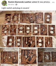 several different pictures of wooden switch plates with flowers and leaves on them, all in various sizes