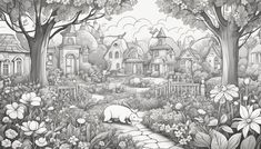 a black and white drawing of a rabbit in the middle of a flowery garden