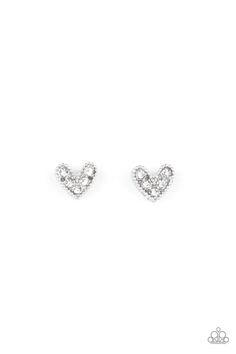 Kid's earrings in assorted shapes. Dotted with dainty white rhinestones, this silver frame features Closed Heart shapes. Earrings attach to standard post fittings.

Sold as one pair of kid's earrings. Nickel-free White Heart Earrings For Anniversary, White Heart Earrings With Diamond Accents, White Dainty Heart Earrings For Pierced Ears, White Nickel-free Heart Earrings For Anniversary, Nickel-free White Sterling Silver Heart Earrings, Dainty White Heart Earrings For Pierced Ears, Silver Heart Earrings With Rhinestones For Gift, Silver Sparkling Heart Earrings, White Heart Earrings With Diamond Accents In Cubic Zirconia